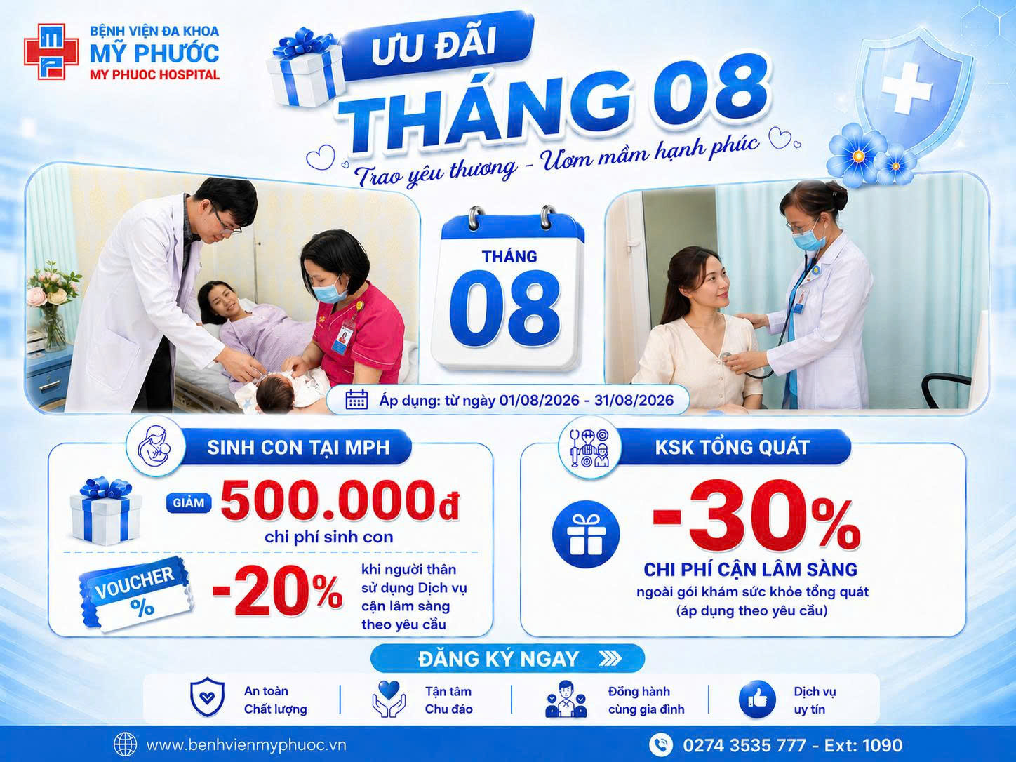 Ưu đãi Tháng 8 tại Bệnh viện Đa khoa Mỹ Phước | Giảm 500.000đ chi phí sinh, giảm 30% cận lâm sàng