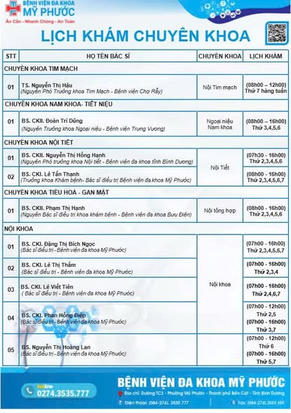 LỊCH KHÁM BỆNH CHUYÊN KHOA 15/06 ĐẾN 20/06